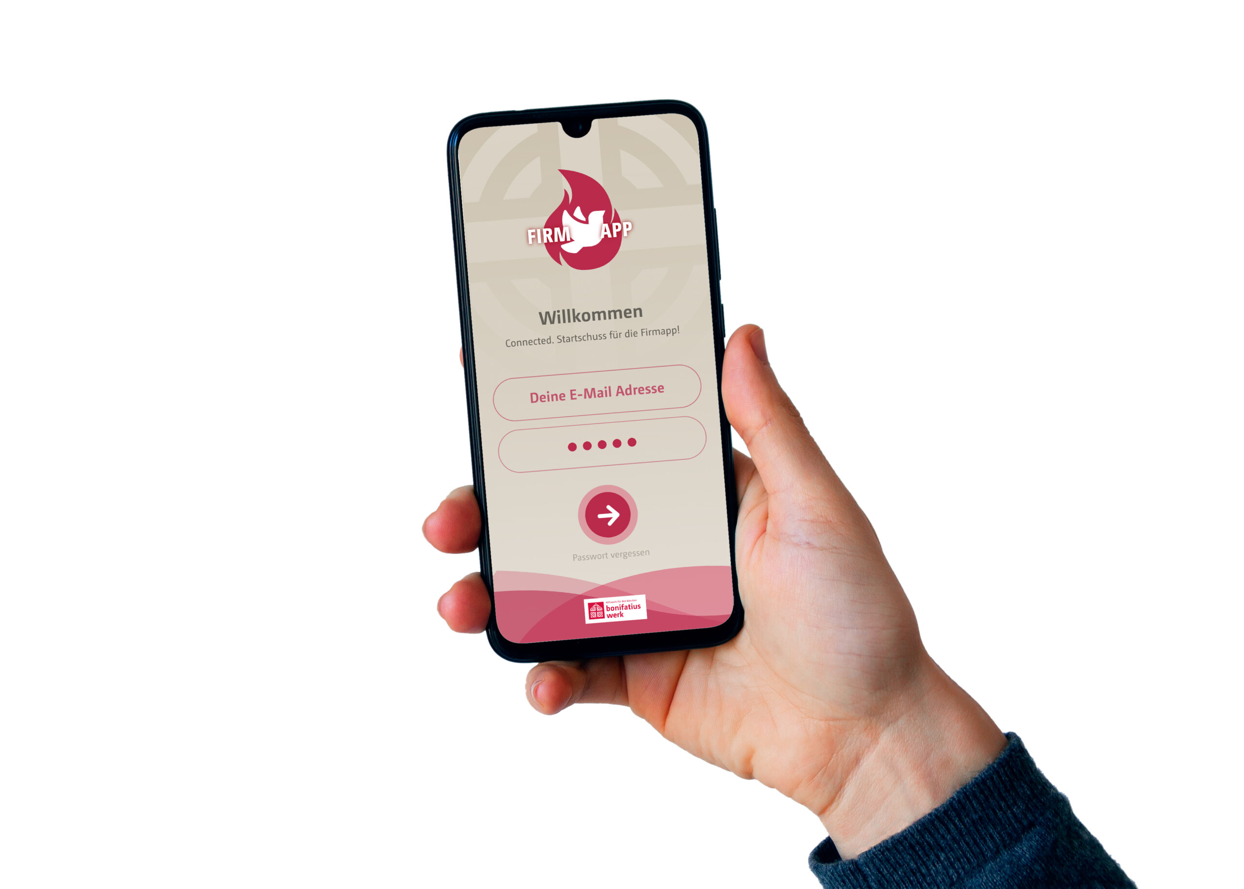 Hand mit Smartphone und App-Hintergrund