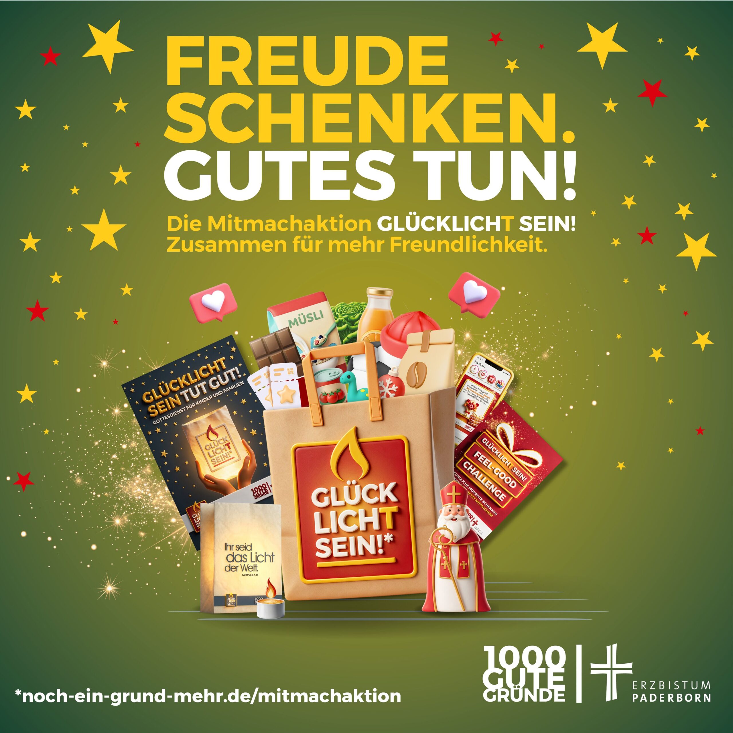 Mit Spendentüten, Lichttüten, Postkarten und der Feel-Good-Challenge lädt die Aktion GLÜCKLICHT dazu ein, mit kleinen Gesten Freude zu schenken und Solidarität zu zeigen.